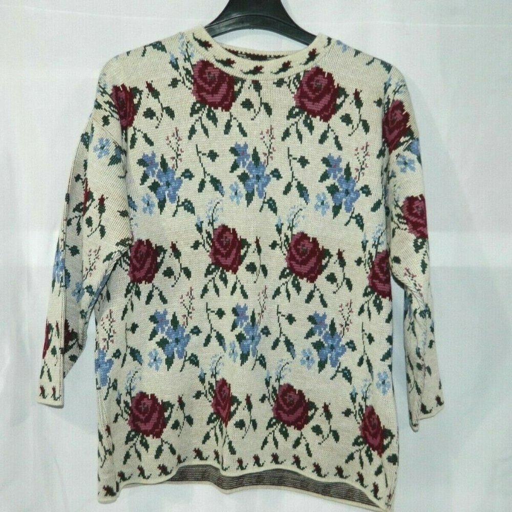 VTG red Roses Beige Floral Knit Sweater Grandma Cottage Womens XL Tradition